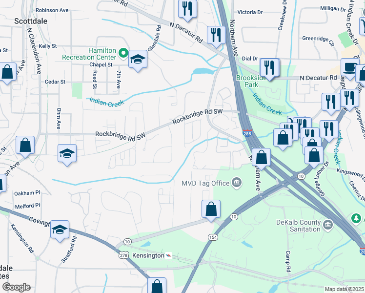 map of restaurants, bars, coffee shops, grocery stores, and more near 485 Kensington Parc Drive in Avondale Estates