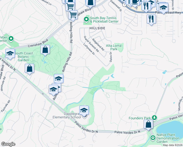 map of restaurants, bars, coffee shops, grocery stores, and more near 42 Empty Saddle Road in Rolling Hills Estates