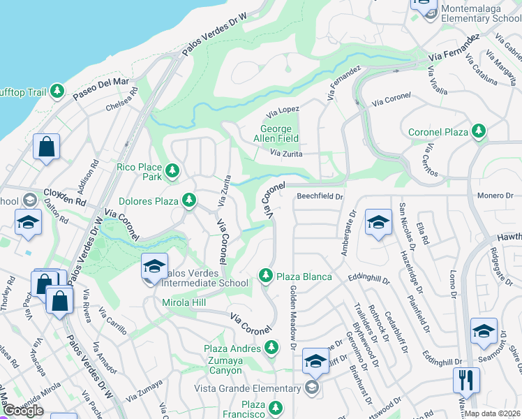 map of restaurants, bars, coffee shops, grocery stores, and more near 1509 Vía Coronel in Palos Verdes Estates