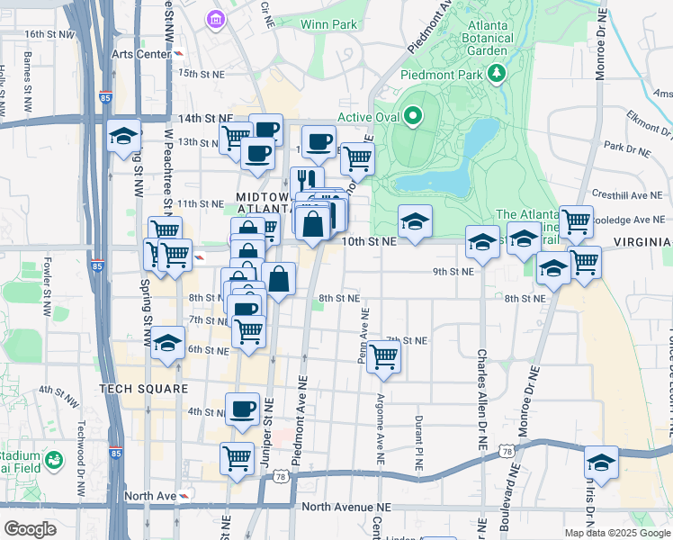 map of restaurants, bars, coffee shops, grocery stores, and more near 921 Myrtle Street Northeast in Atlanta