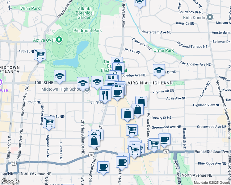 map of restaurants, bars, coffee shops, grocery stores, and more near 587 Virginia Avenue Northeast in Atlanta