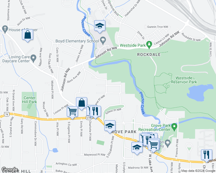map of restaurants, bars, coffee shops, grocery stores, and more near 965 Margaret Place Northwest in Atlanta