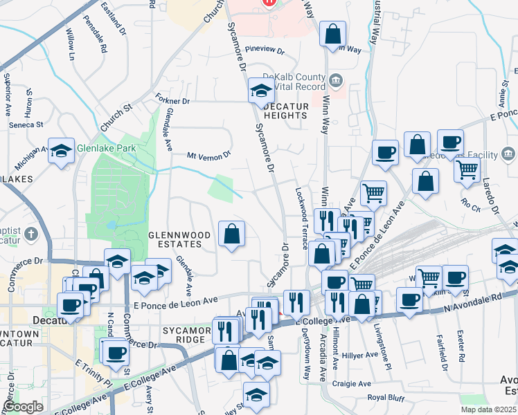 map of restaurants, bars, coffee shops, grocery stores, and more near 166 Ridgeland Avenue in Decatur