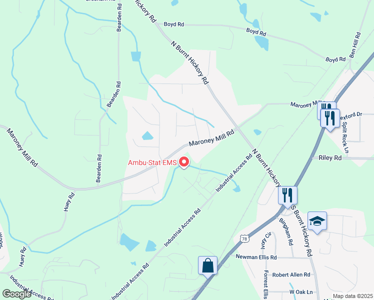 map of restaurants, bars, coffee shops, grocery stores, and more near 4347 Maroney Mill Road in Douglasville