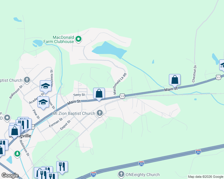 map of restaurants, bars, coffee shops, grocery stores, and more near 7248 U.S. 11 in Springville