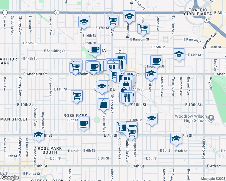 map of restaurants, bars, coffee shops, grocery stores, and more near 1090 Obispo Avenue in Long Beach