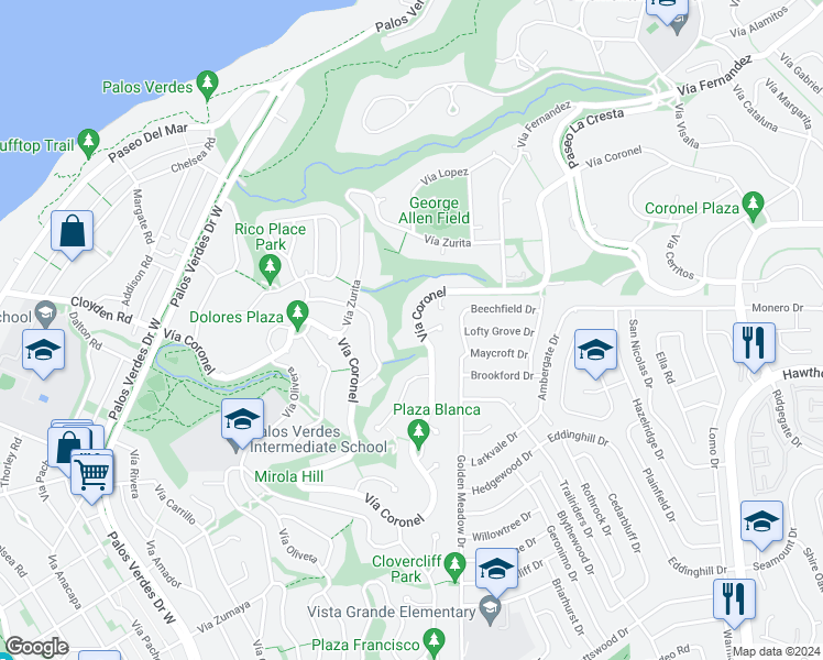 map of restaurants, bars, coffee shops, grocery stores, and more near 1509 Vía Coronel in Palos Verdes Estates