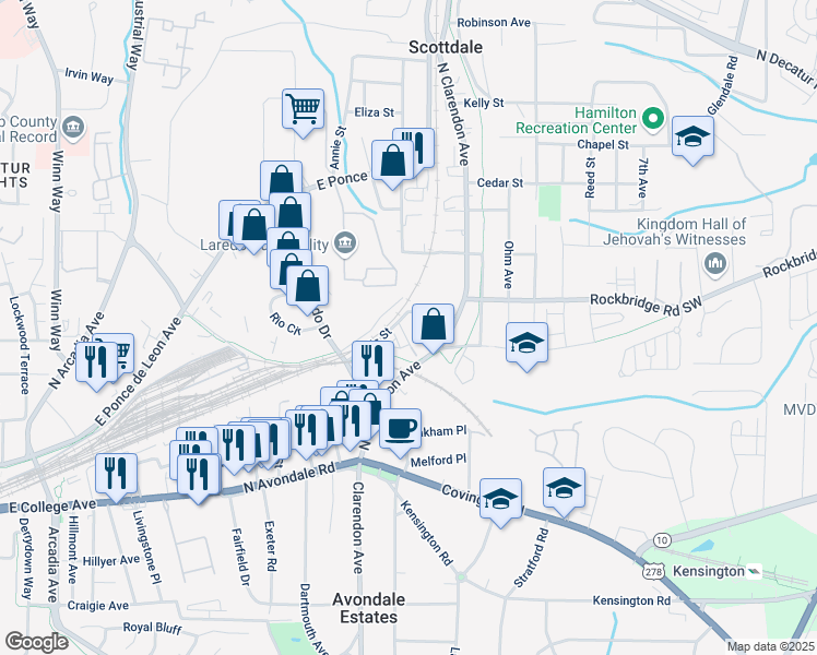 map of restaurants, bars, coffee shops, grocery stores, and more near 3043 Wells Street in Avondale Estates