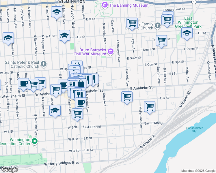 map of restaurants, bars, coffee shops, grocery stores, and more near 400 East Anaheim Street in Los Angeles