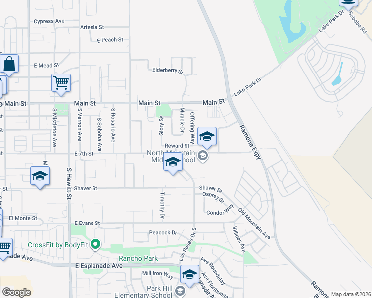 map of restaurants, bars, coffee shops, grocery stores, and more near 1164 Reward Street in San Jacinto