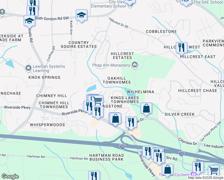map of restaurants, bars, coffee shops, grocery stores, and more near 7178 Fringe Flower Drive in Austell