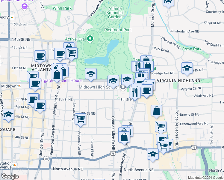 map of restaurants, bars, coffee shops, grocery stores, and more near 952 Charles Allen Drive Northeast in Atlanta