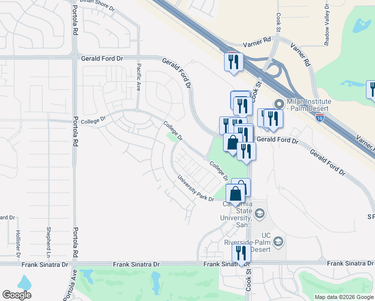 map of restaurants, bars, coffee shops, grocery stores, and more near Harvey Mudd Drive in Palm Desert