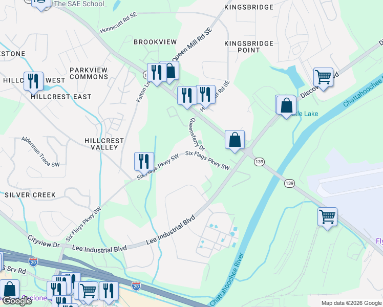 map of restaurants, bars, coffee shops, grocery stores, and more near 470 Six Flags Parkway Southwest in Mableton
