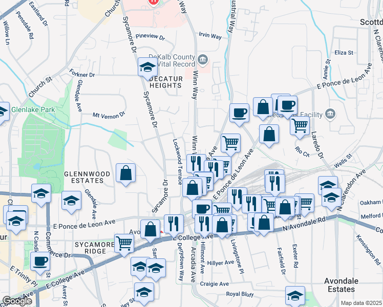map of restaurants, bars, coffee shops, grocery stores, and more near 5 Renfroe Court in Decatur