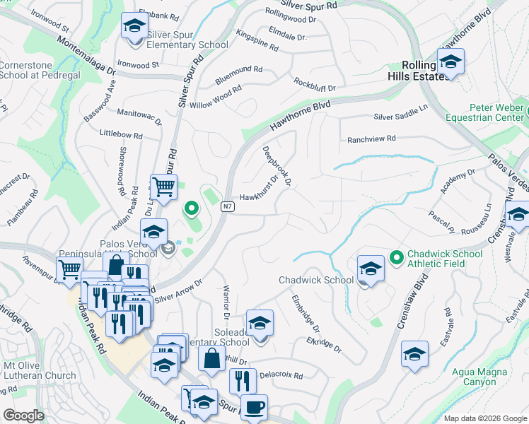 map of restaurants, bars, coffee shops, grocery stores, and more near 4947 Blackhorse Road in Rancho Palos Verdes