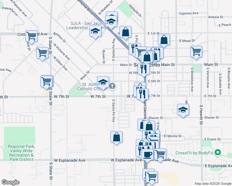 map of restaurants, bars, coffee shops, grocery stores, and more near 675 South Santa Fe Avenue in San Jacinto