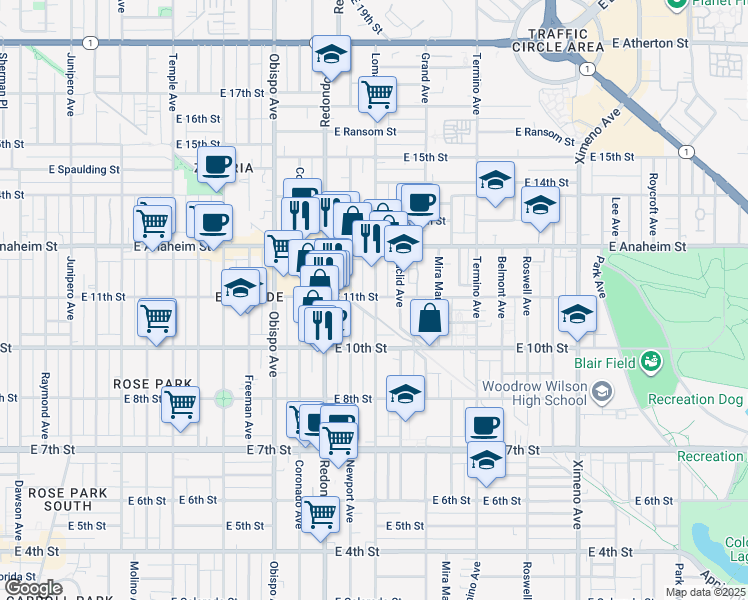 map of restaurants, bars, coffee shops, grocery stores, and more near in Long Beach