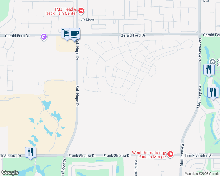 map of restaurants, bars, coffee shops, grocery stores, and more near 61 Harmonious Drive in Rancho Mirage