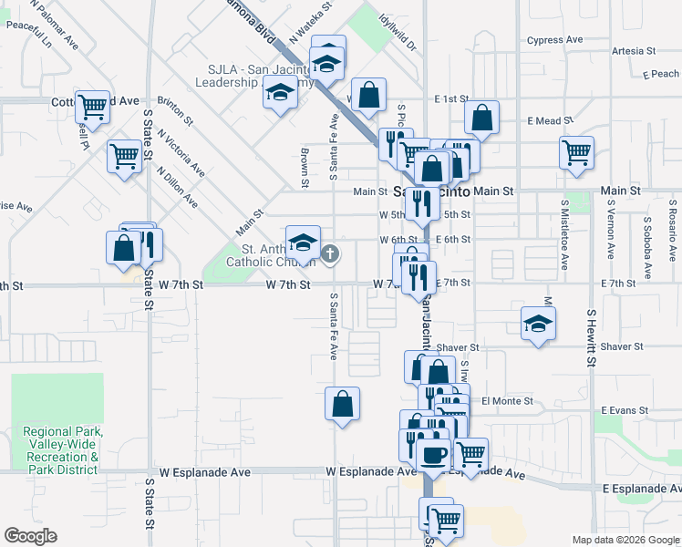 map of restaurants, bars, coffee shops, grocery stores, and more near 675 South Santa Fe Avenue in San Jacinto
