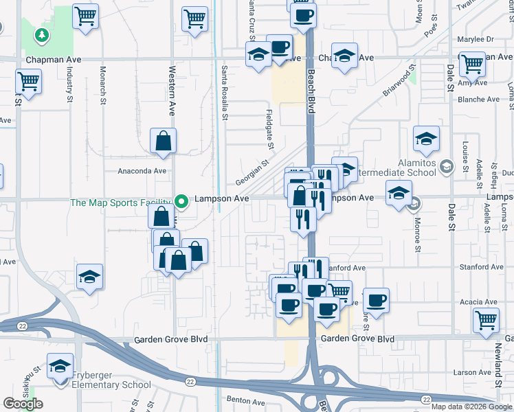 map of restaurants, bars, coffee shops, grocery stores, and more near 12512 Camus Lane in Garden Grove
