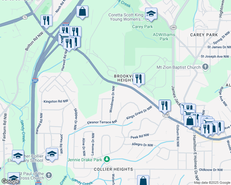 map of restaurants, bars, coffee shops, grocery stores, and more near 935 Woodmere Drive Northwest in Atlanta