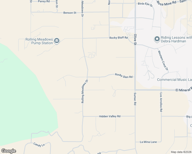 map of restaurants, bars, coffee shops, grocery stores, and more near Rocky Glen Road in Riverside County