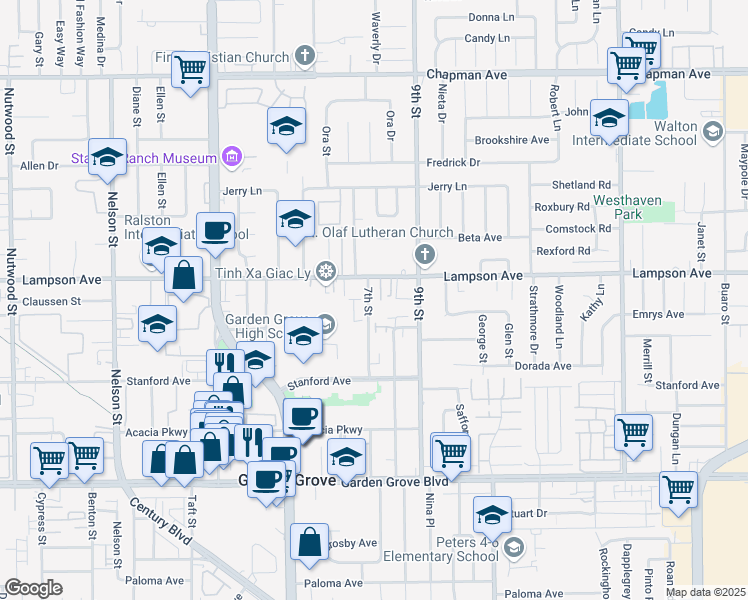 map of restaurants, bars, coffee shops, grocery stores, and more near 12552 7th Street in Garden Grove