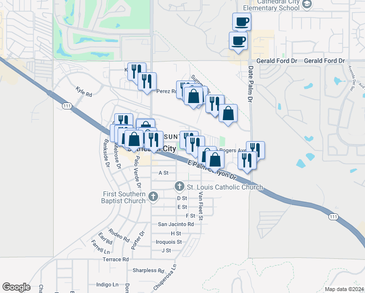 map of restaurants, bars, coffee shops, grocery stores, and more near 68700 Avenue Lalo Guerrero in Cathedral City