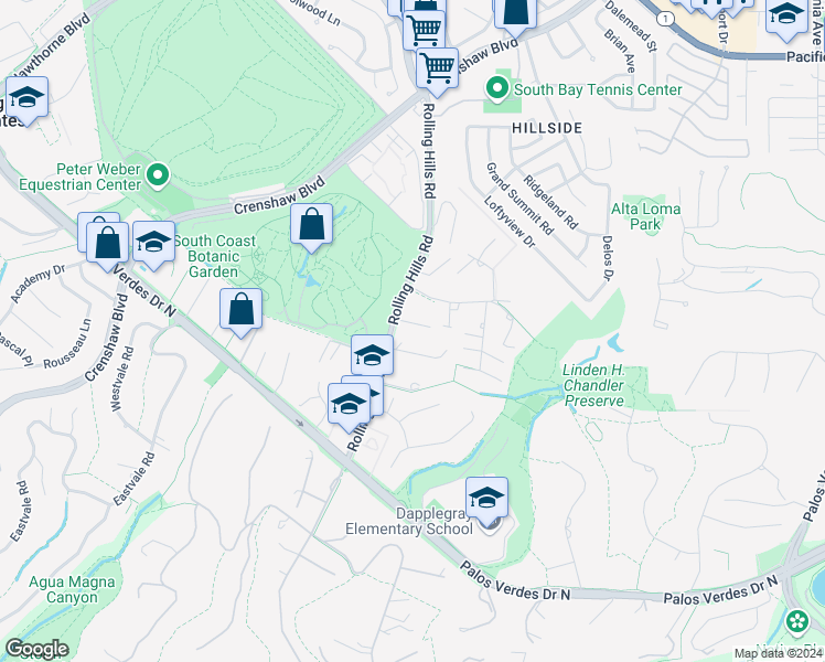 map of restaurants, bars, coffee shops, grocery stores, and more near 4 Singletree Lane in Rolling Hills Estates