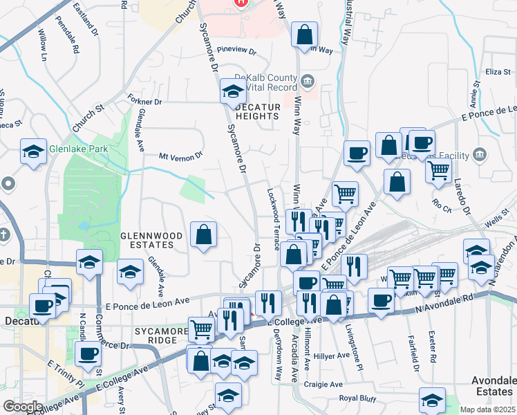 map of restaurants, bars, coffee shops, grocery stores, and more near 615 Sycamore Drive in Decatur