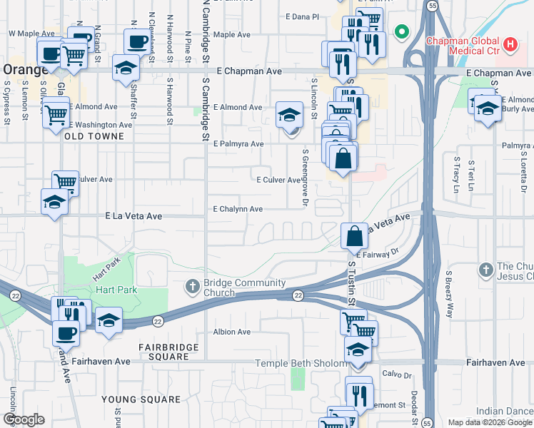 map of restaurants, bars, coffee shops, grocery stores, and more near 1218 East Chalynn Avenue in Orange