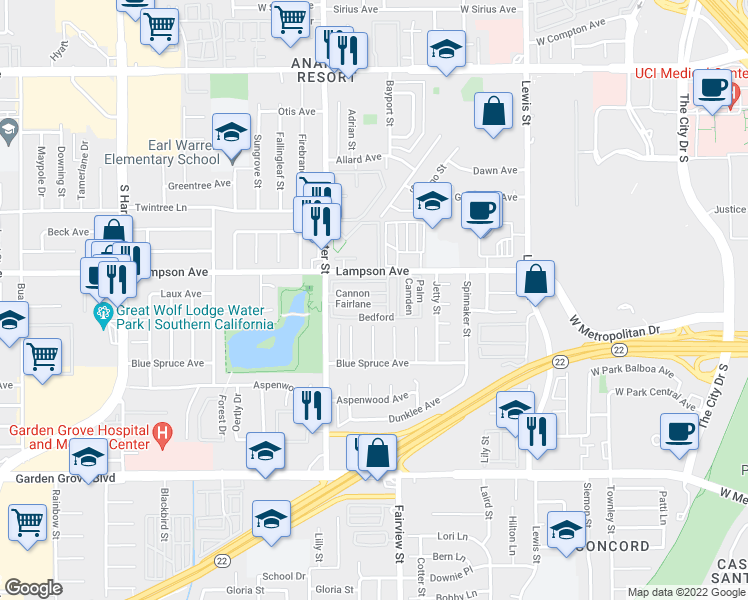 map of restaurants, bars, coffee shops, grocery stores, and more near in Garden Grove