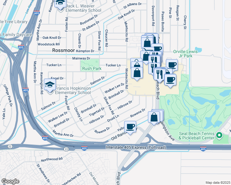 map of restaurants, bars, coffee shops, grocery stores, and more near 3211 Brimhall Drive in Los Alamitos