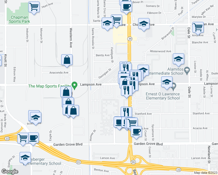 map of restaurants, bars, coffee shops, grocery stores, and more near 12511 Orrway Drive in Garden Grove