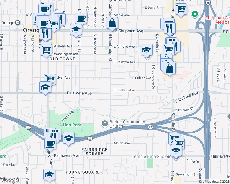 map of restaurants, bars, coffee shops, grocery stores, and more near 841 East Tularosa Avenue in Orange