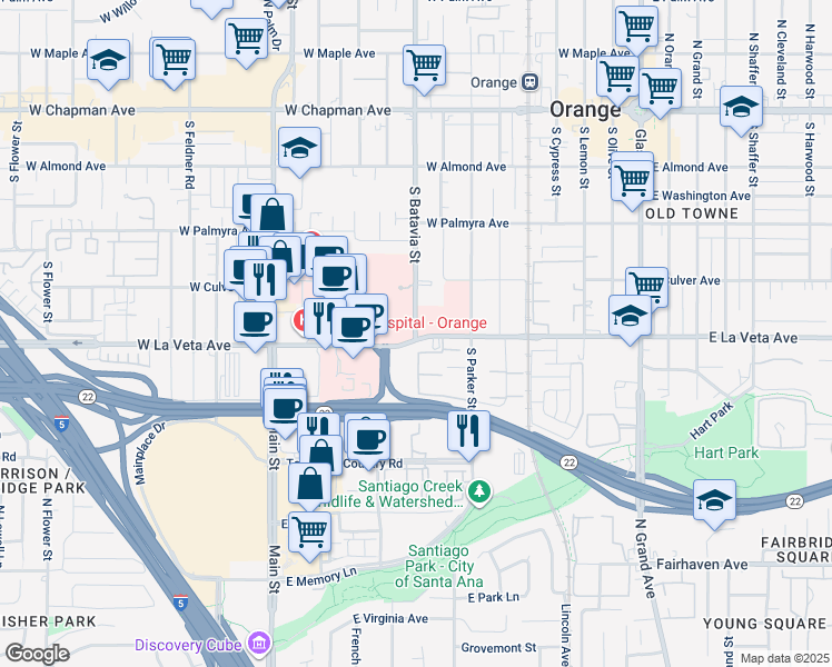 map of restaurants, bars, coffee shops, grocery stores, and more near 920 West La Veta Avenue in Orange