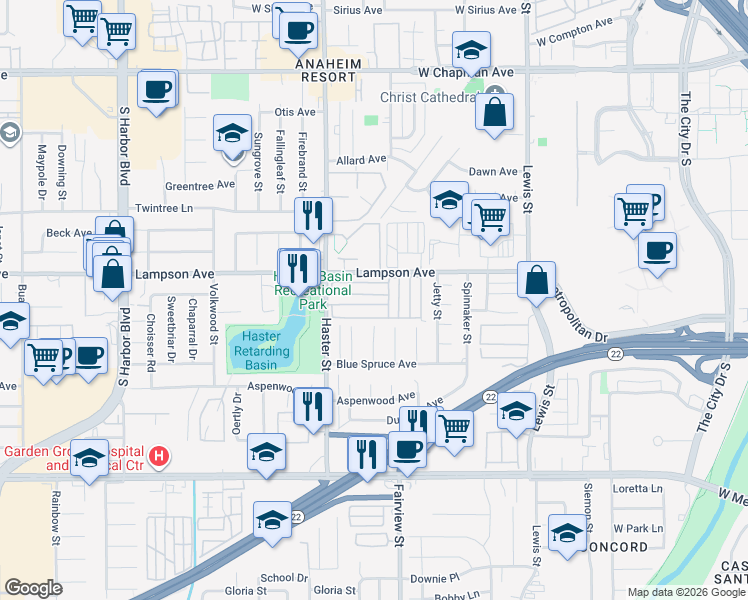 map of restaurants, bars, coffee shops, grocery stores, and more near in Garden Grove