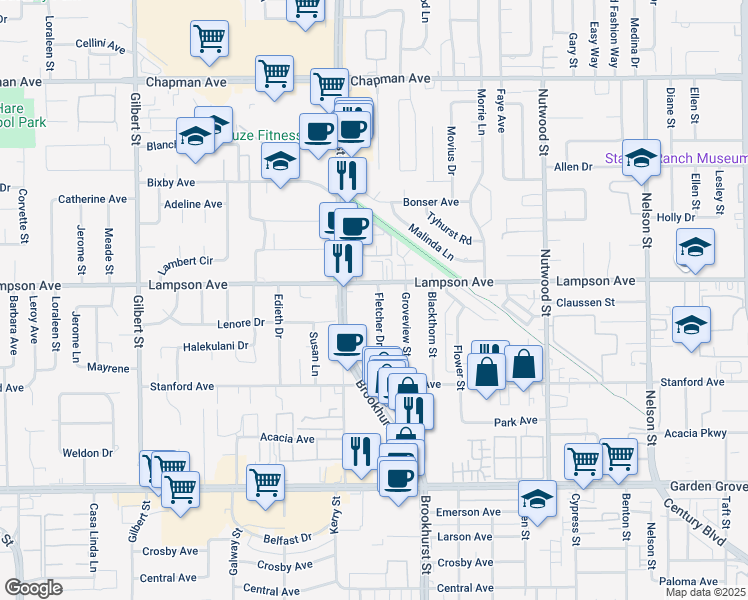map of restaurants, bars, coffee shops, grocery stores, and more near 12601 Fletcher Drive in Garden Grove