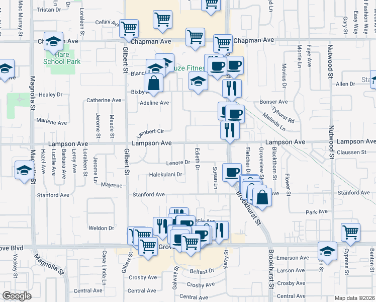 map of restaurants, bars, coffee shops, grocery stores, and more near 12581 Edieth Drive in Garden Grove