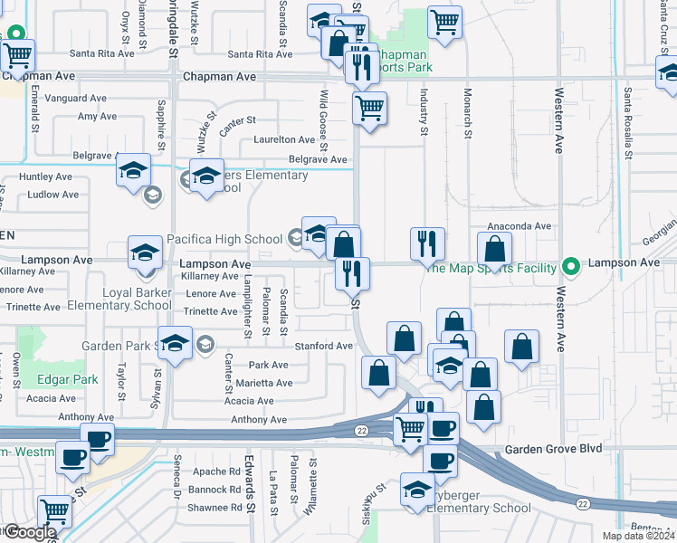 map of restaurants, bars, coffee shops, grocery stores, and more near 12572 Fieldstone Lane in Garden Grove