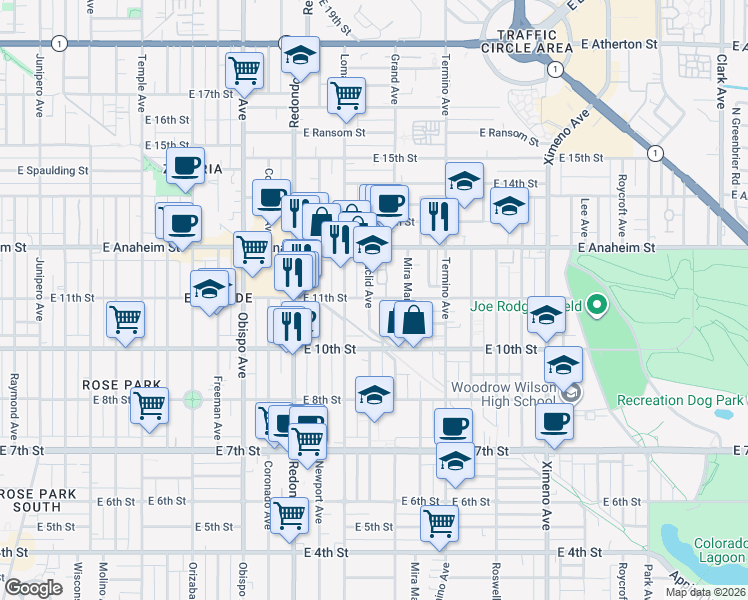 map of restaurants, bars, coffee shops, grocery stores, and more near 1054 Euclid Avenue in Long Beach