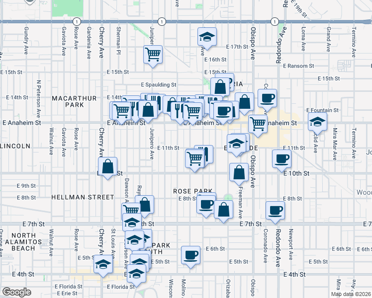 map of restaurants, bars, coffee shops, grocery stores, and more near 1050 Molino Avenue in Long Beach