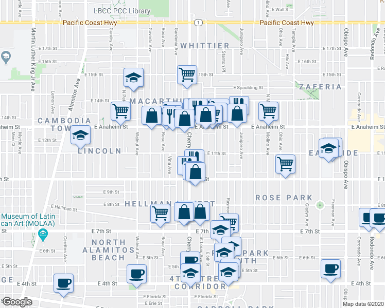 map of restaurants, bars, coffee shops, grocery stores, and more near 1059 Saint Louis Avenue in Long Beach