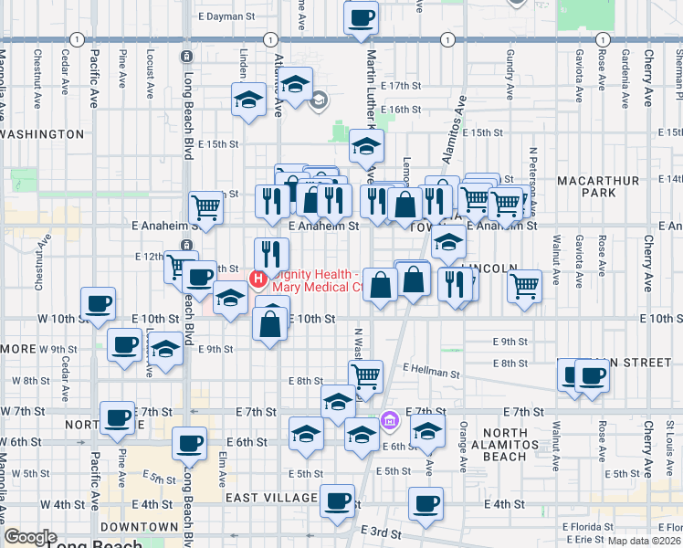 map of restaurants, bars, coffee shops, grocery stores, and more near 1047 Myrtle Avenue in Long Beach