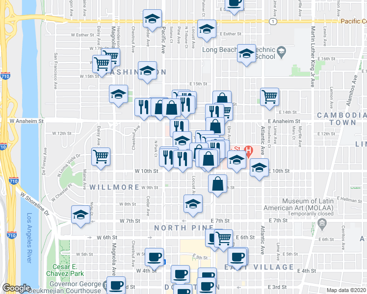 map of restaurants, bars, coffee shops, grocery stores, and more near 1055 Pine Avenue in Long Beach