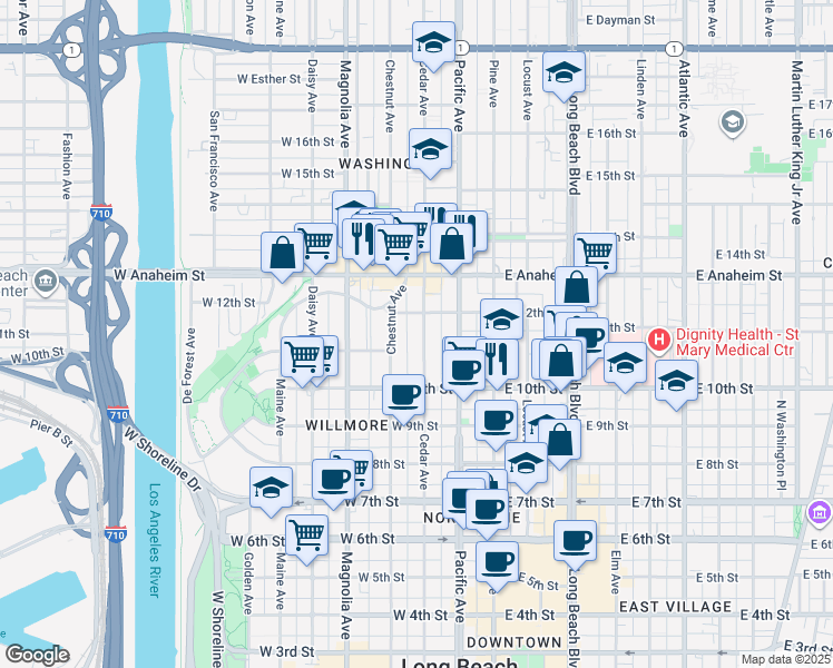 map of restaurants, bars, coffee shops, grocery stores, and more near 1051 Cedar Avenue in Long Beach