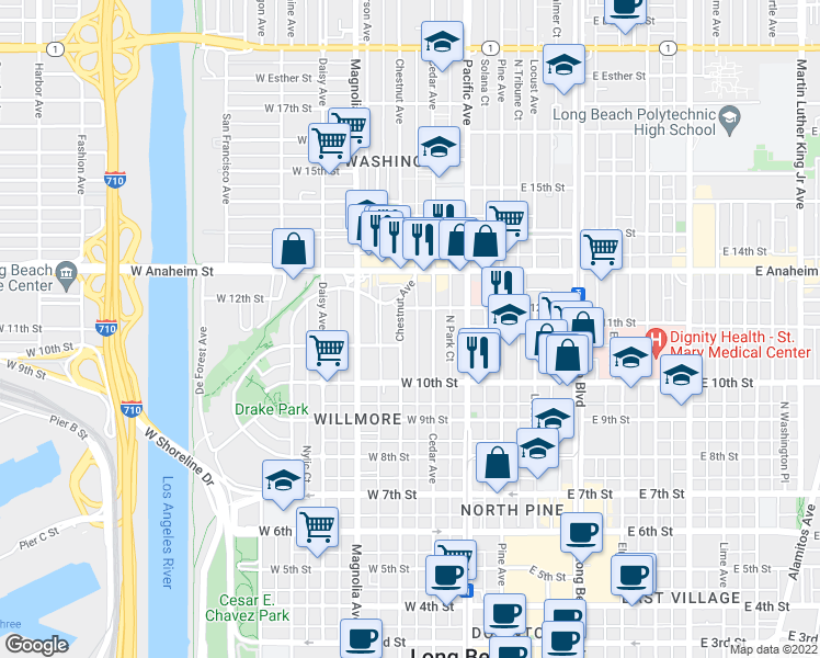 map of restaurants, bars, coffee shops, grocery stores, and more near 1051 Cedar Avenue in Long Beach