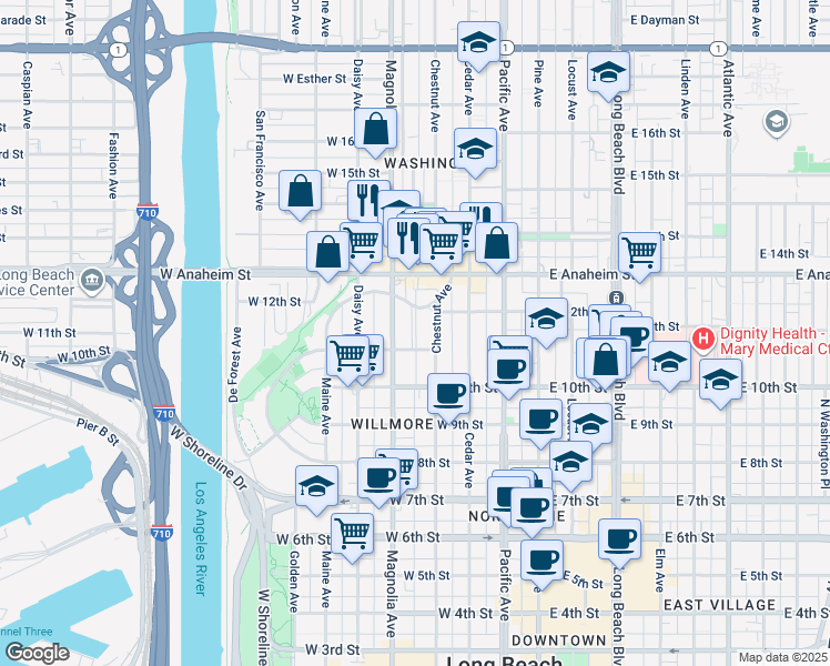 map of restaurants, bars, coffee shops, grocery stores, and more near 428 West 11th Street in Long Beach