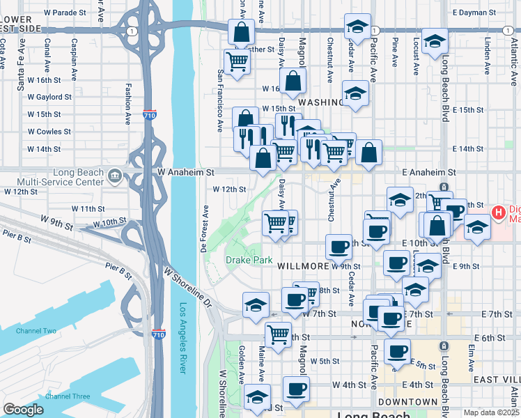 map of restaurants, bars, coffee shops, grocery stores, and more near 620 Nylic Court in Long Beach